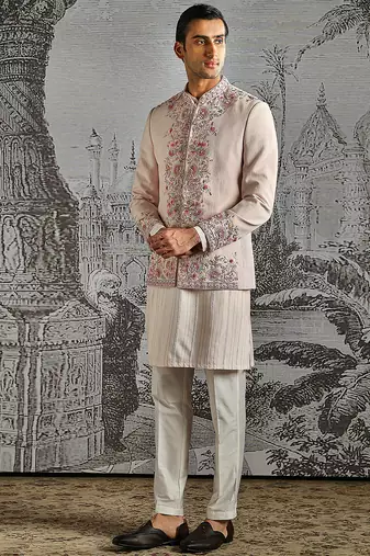 pink embroidered linen bandhgala set for men