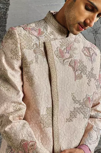 purple embroidered silk bandhgala set for men