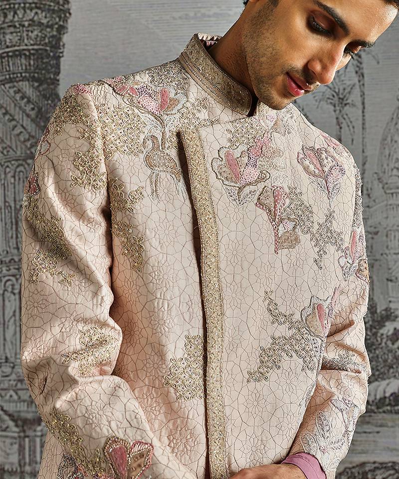 Purple embroidered silk bandhgala set