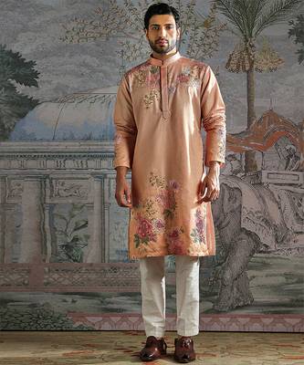 Peach embroidered silk kurta set 1