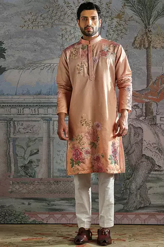 Peach embroidered silk kurta set