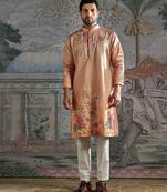 Peach embroidered silk kurta set