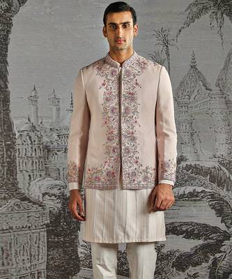 pink embroidered linen bandhgala set for men 3