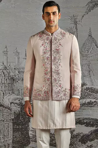 pink embroidered linen bandhgala set for men