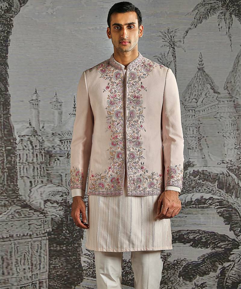 Dusty Pink embroidered linen bandhgala set