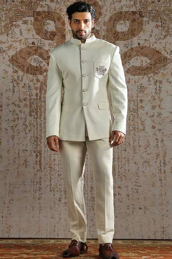 White embroidered silk blend bandhgala set