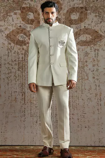 White embroidered silk blend bandhgala set