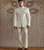 White embroidered silk blend bandhgala set