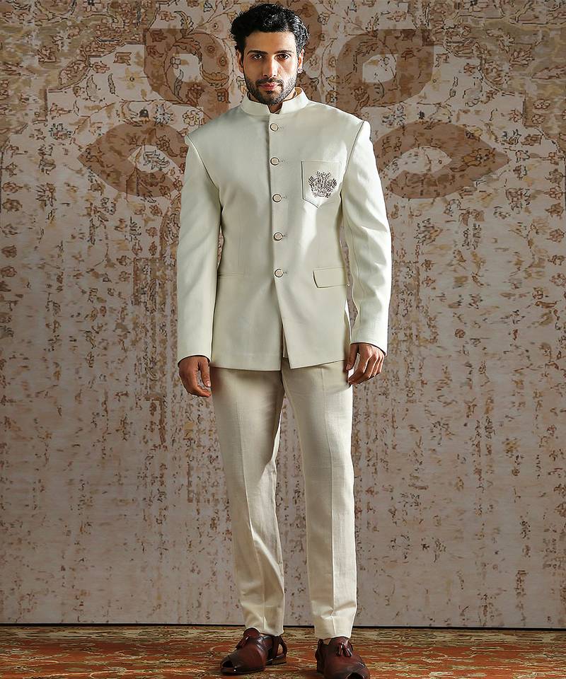 White embroidered silk blend bandhgala set