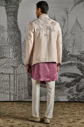 purple embroidered silk bandhgala set for men