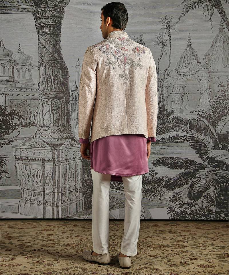 Purple embroidered silk bandhgala set