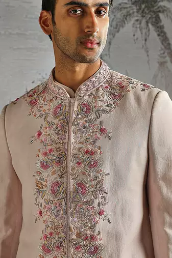 pink embroidered linen bandhgala set for men