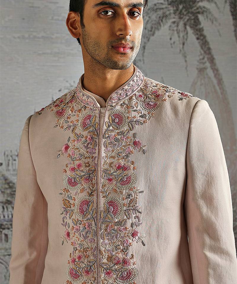 Dusty Pink embroidered linen bandhgala set