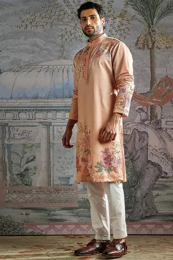 Peach embroidered silk kurta set