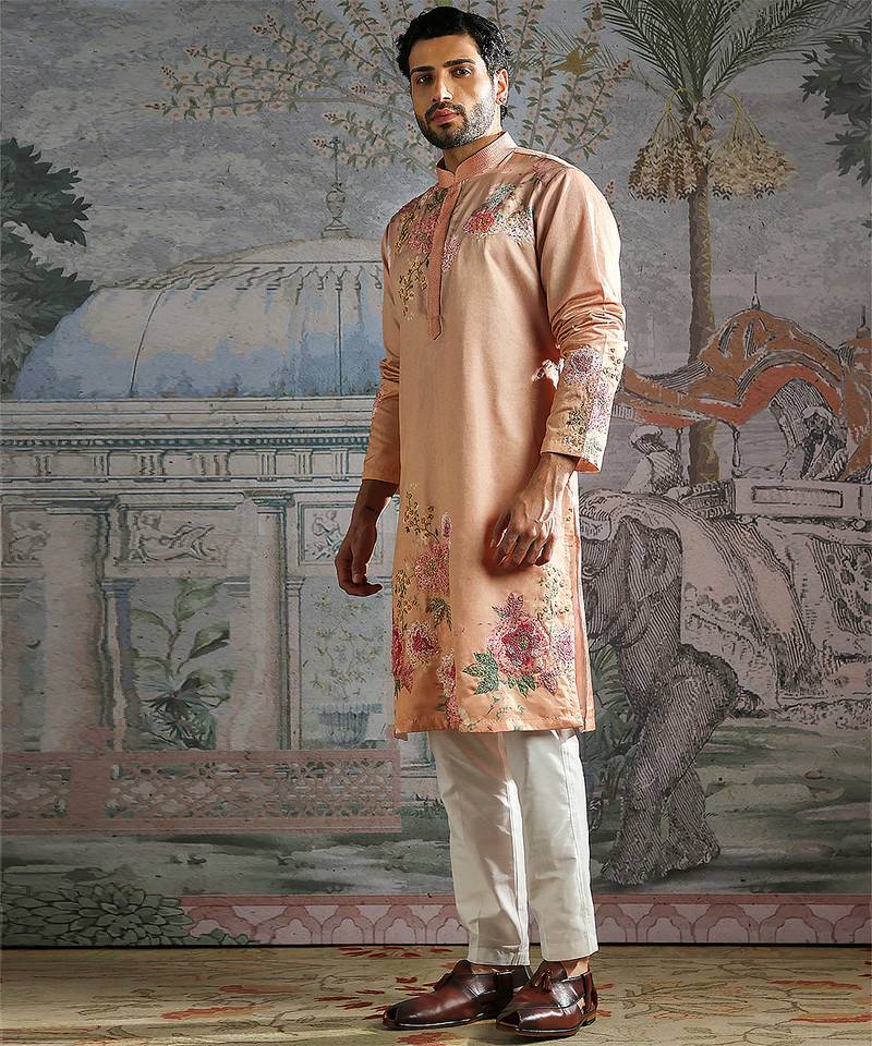 Peach embroidered silk kurta set