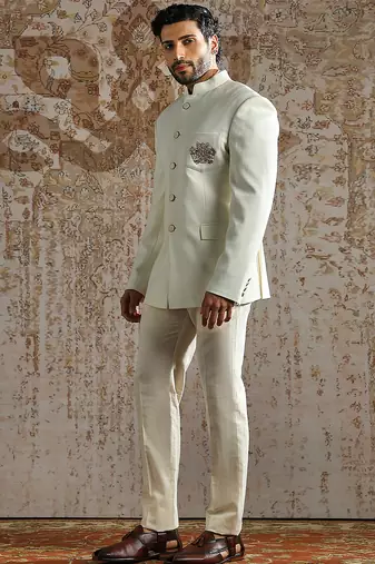 white embroidered silk blend bandhgala men set