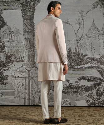 pink embroidered linen bandhgala set for men 5