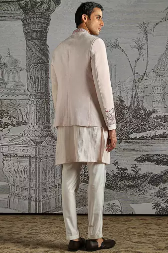 pink embroidered linen bandhgala set for men