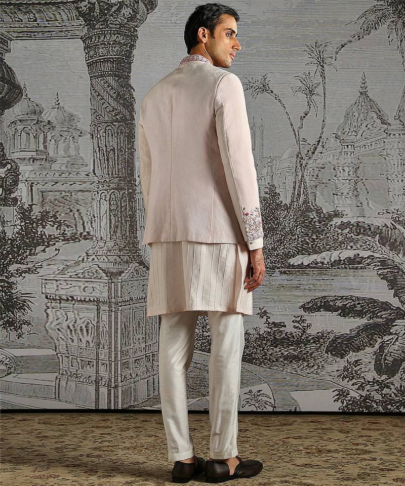 Dusty Pink embroidered linen bandhgala set