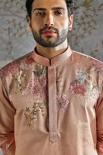 Peach embroidered silk kurta set