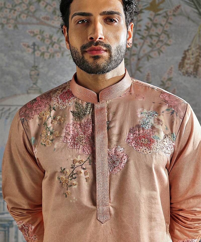 Peach embroidered silk kurta set