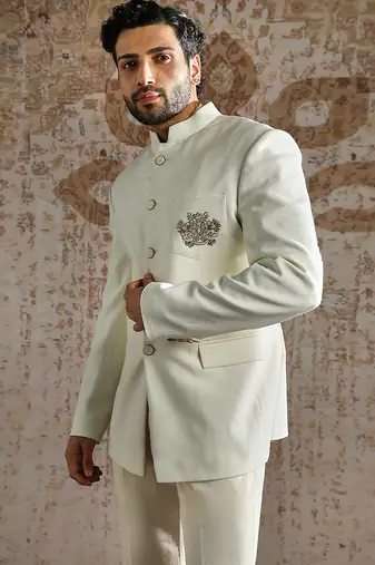 white embroidered silk blend bandhgala men set