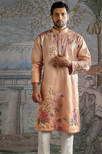 Peach embroidered silk kurta set
