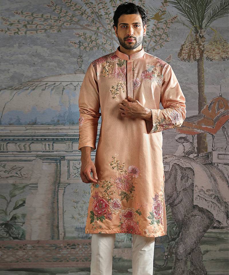 Peach embroidered silk kurta set