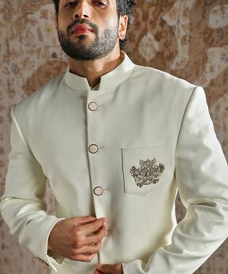 white embroidered silk blend bandhgala men set 4