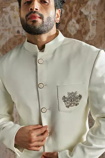 white embroidered silk blend bandhgala men set