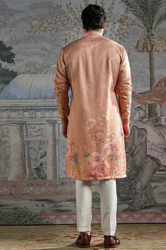 Peach embroidered silk kurta set