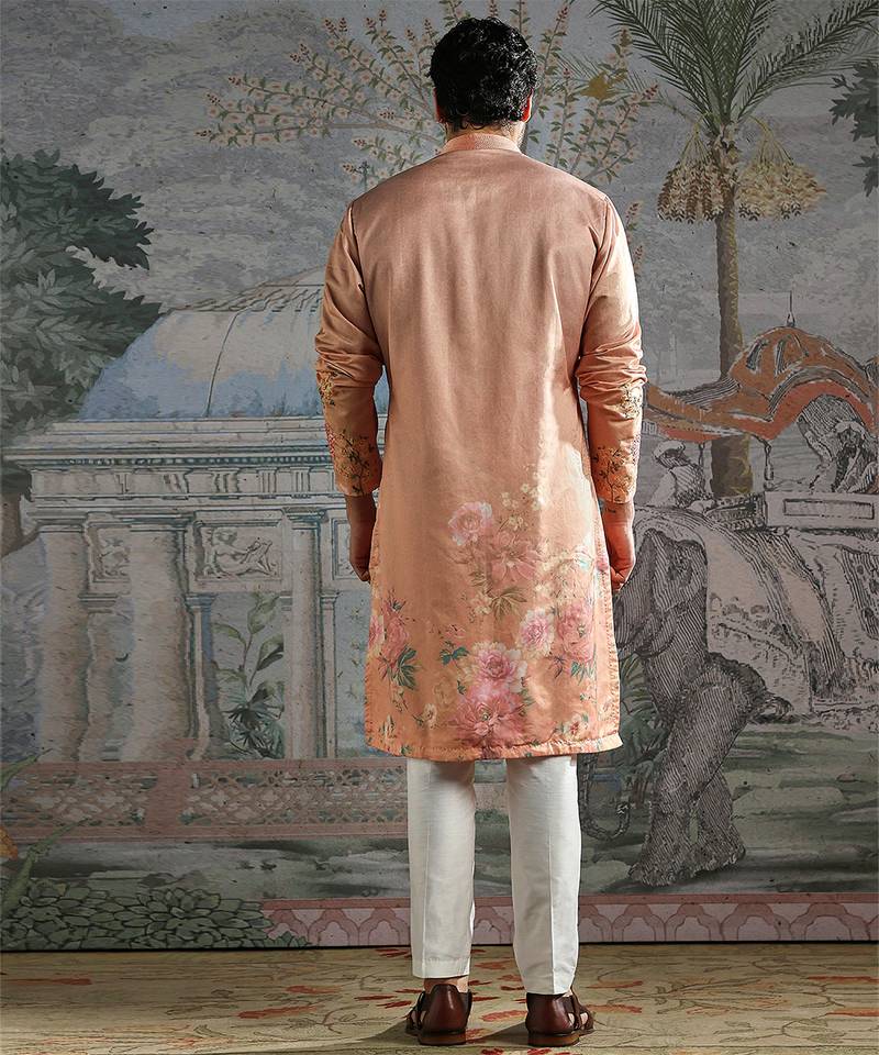 Peach embroidered silk kurta set