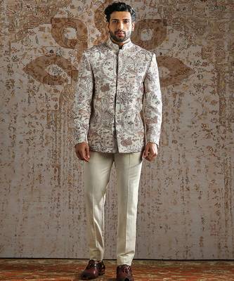 white embroidered linen bandhgala set for men 1