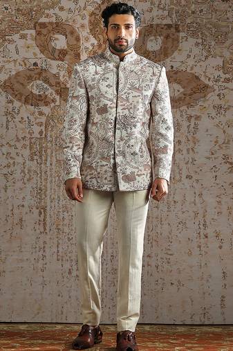White embroidered linen bandhgala set