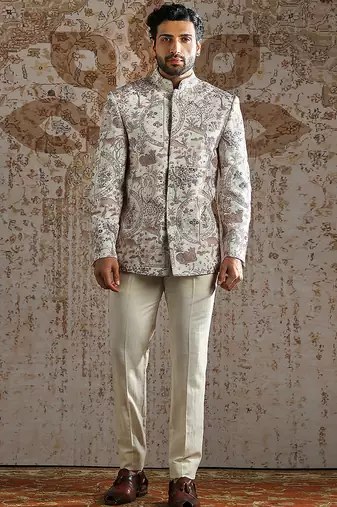 White embroidered linen bandhgala set