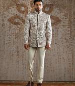 White embroidered linen bandhgala set