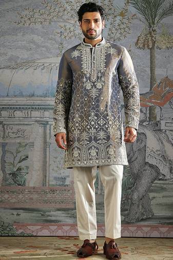 Grey embroidered tissue kurta set