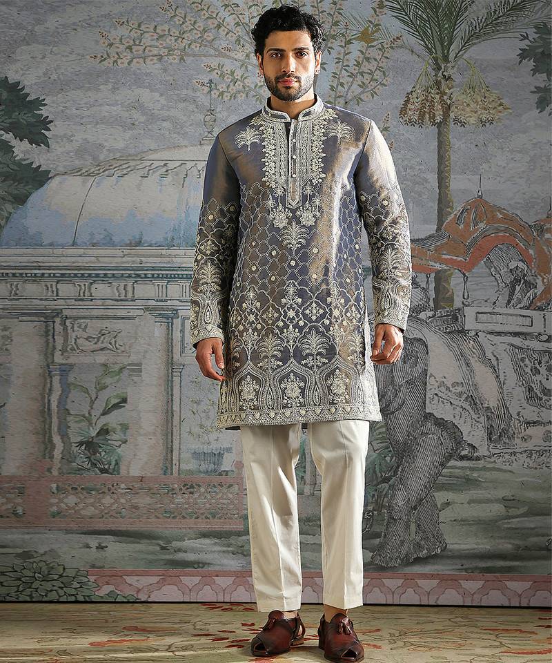 Grey embroidered tissue kurta set