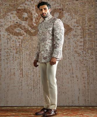 white embroidered linen bandhgala set for men 2