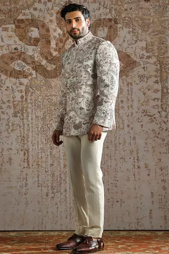 white embroidered linen bandhgala set for men