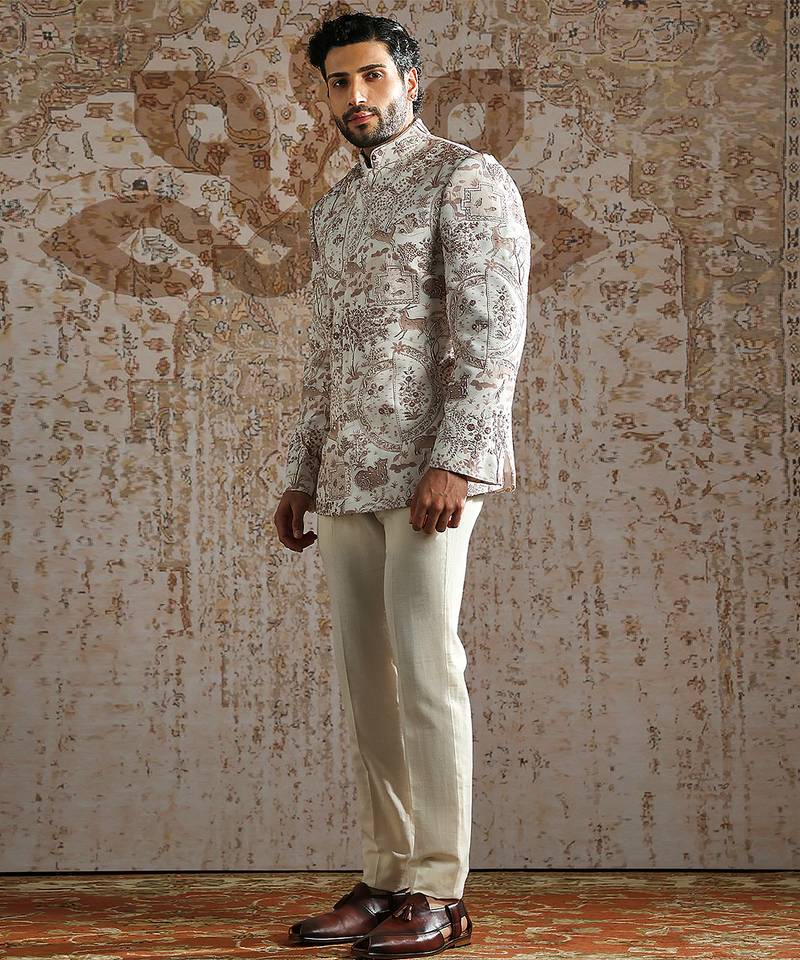 White embroidered linen bandhgala set