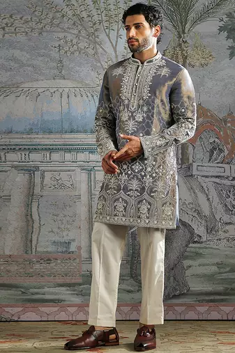 Grey embroidered tissue kurta set