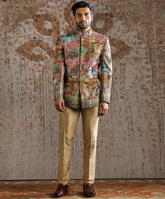 multicolor printed raw silk bandhgala set for men 1