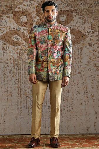 Multicolor printed raw silk bandhgala set