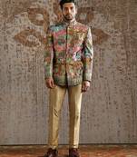 Multicolor printed raw silk bandhgala set