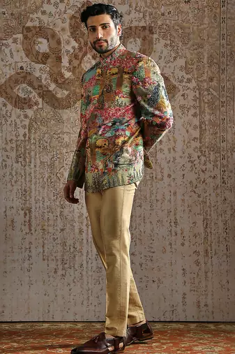 multicolor printed raw silk bandhgala set for men