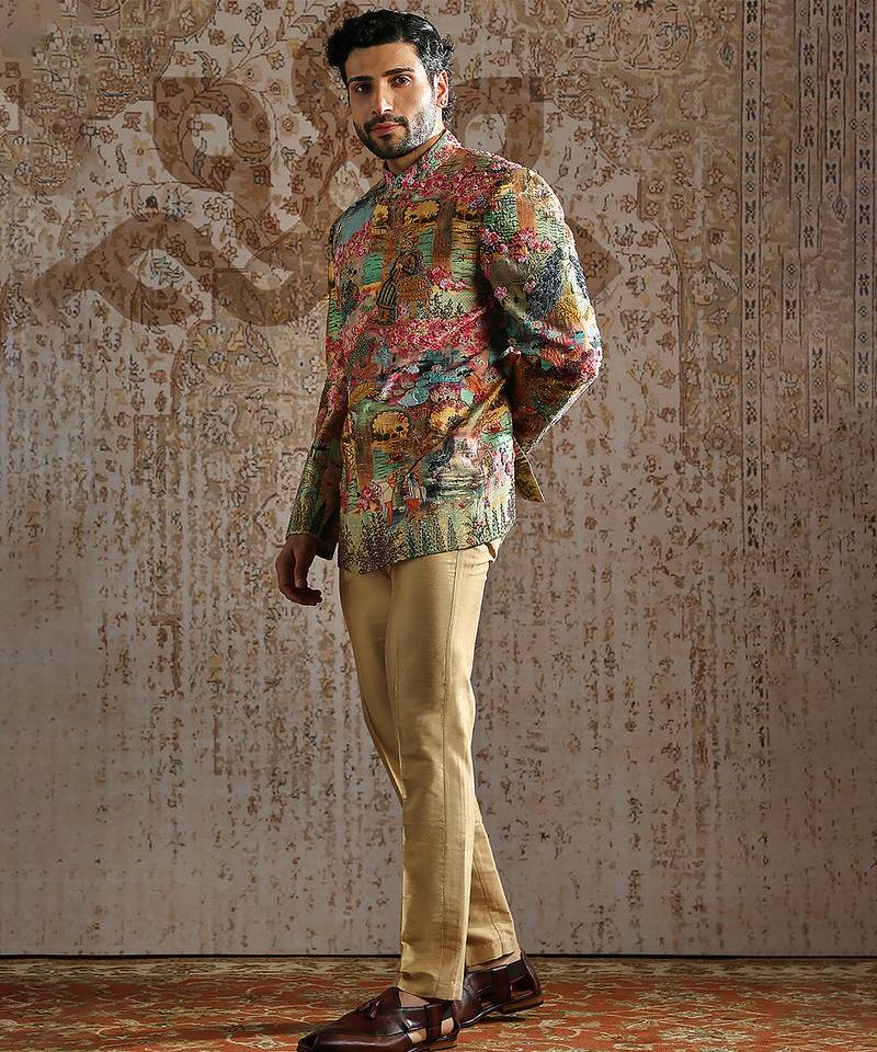 Multicolor printed raw silk bandhgala set