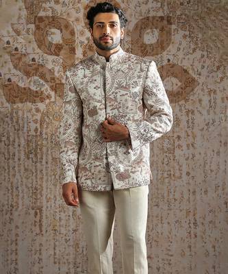 white embroidered linen bandhgala set for men 3