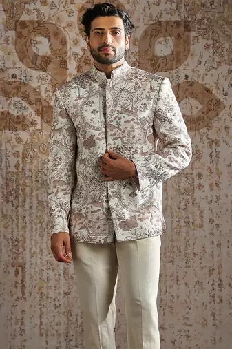 white embroidered linen bandhgala set for men