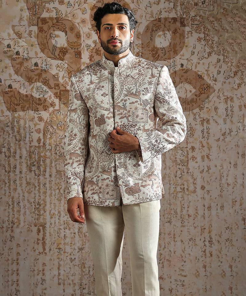 White embroidered linen bandhgala set